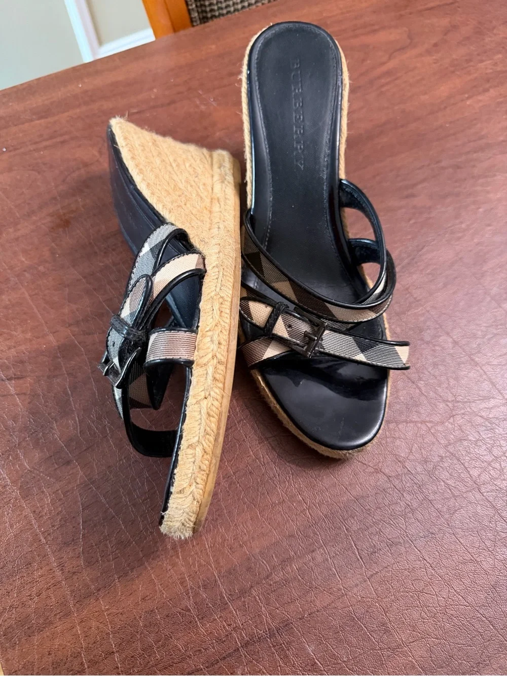 Burberry Black with Beige Check Espadrille Slide Sandals